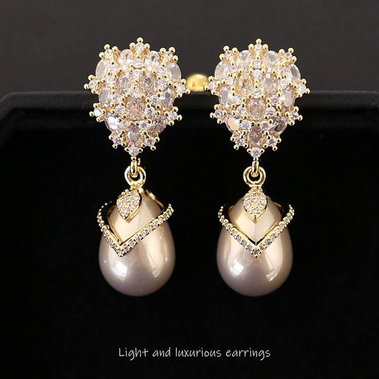 铜合金合成锆石耳饰 轻奢水滴珍珠耳环2025新款高级感耳坠耳钉女