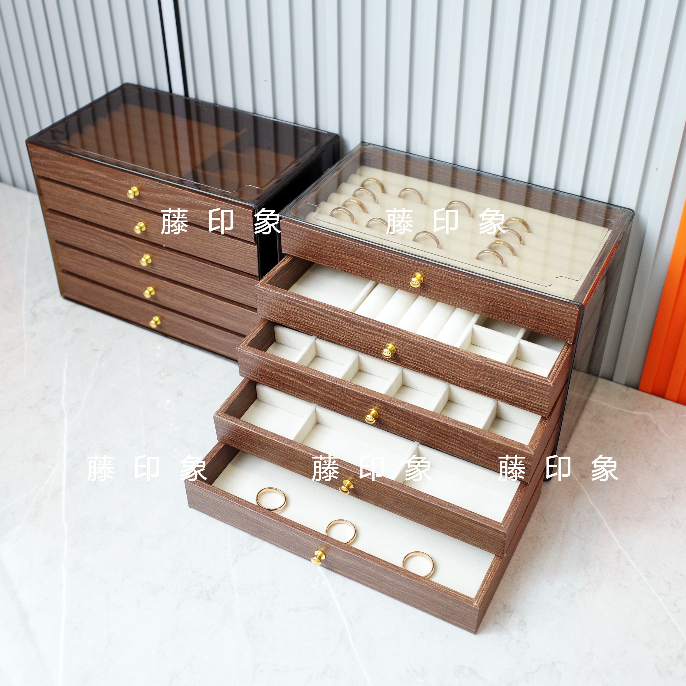 胡桃木纹首饰五层高档精致首饰盒收纳盒防氧化可放耳饰等饰品