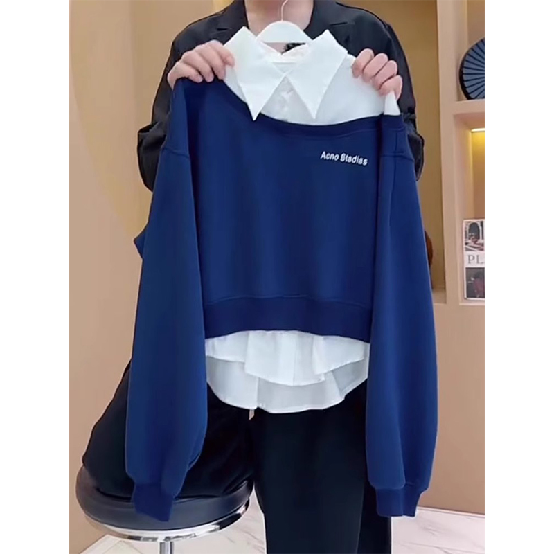 韩系新款休闲大码蓝色上衣女2025春季假两件拼接Polo领长袖衬衣潮