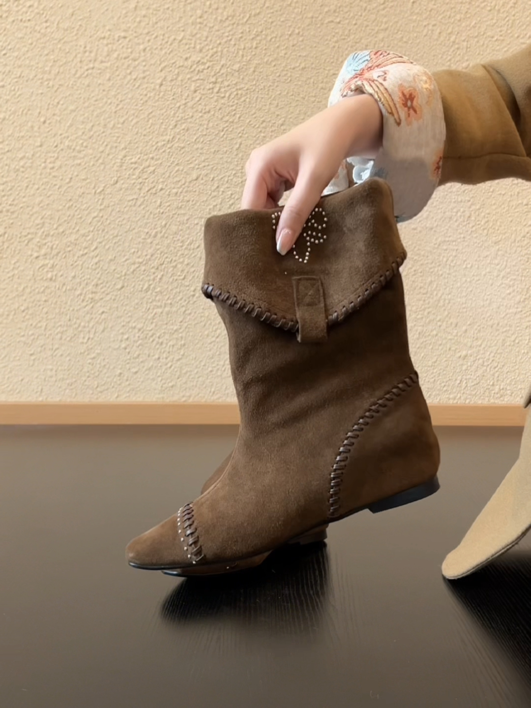 Pokoy-5cm复古风方头磨砂通勤短靴可翻折两穿一脚蹬西部靴