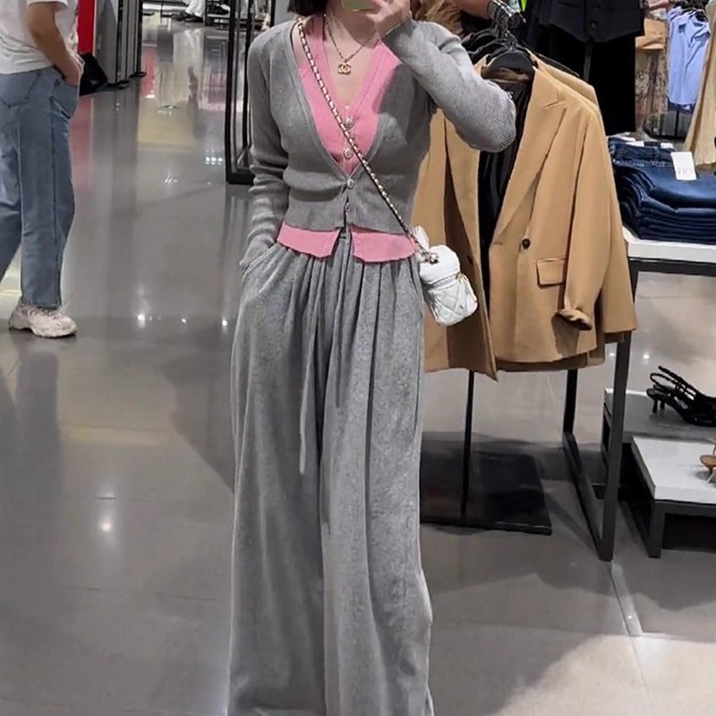 大码女装秋冬新款纯欲减龄假两件针织开衫+高腰阔腿裤显瘦两件套