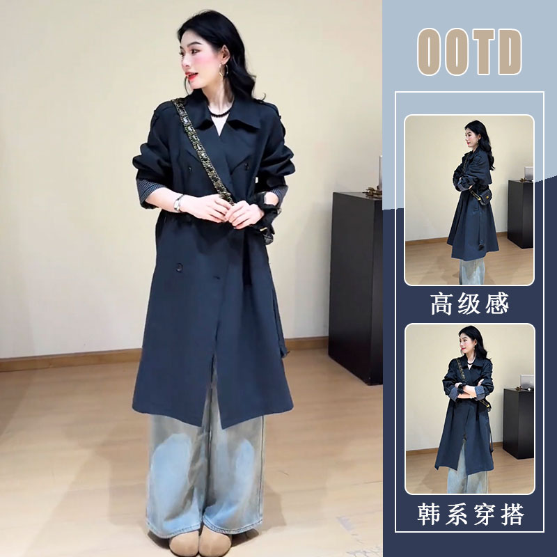 格子拼接风衣外套女秋装款2025新款韩系收腰显瘦气质中长款大衣