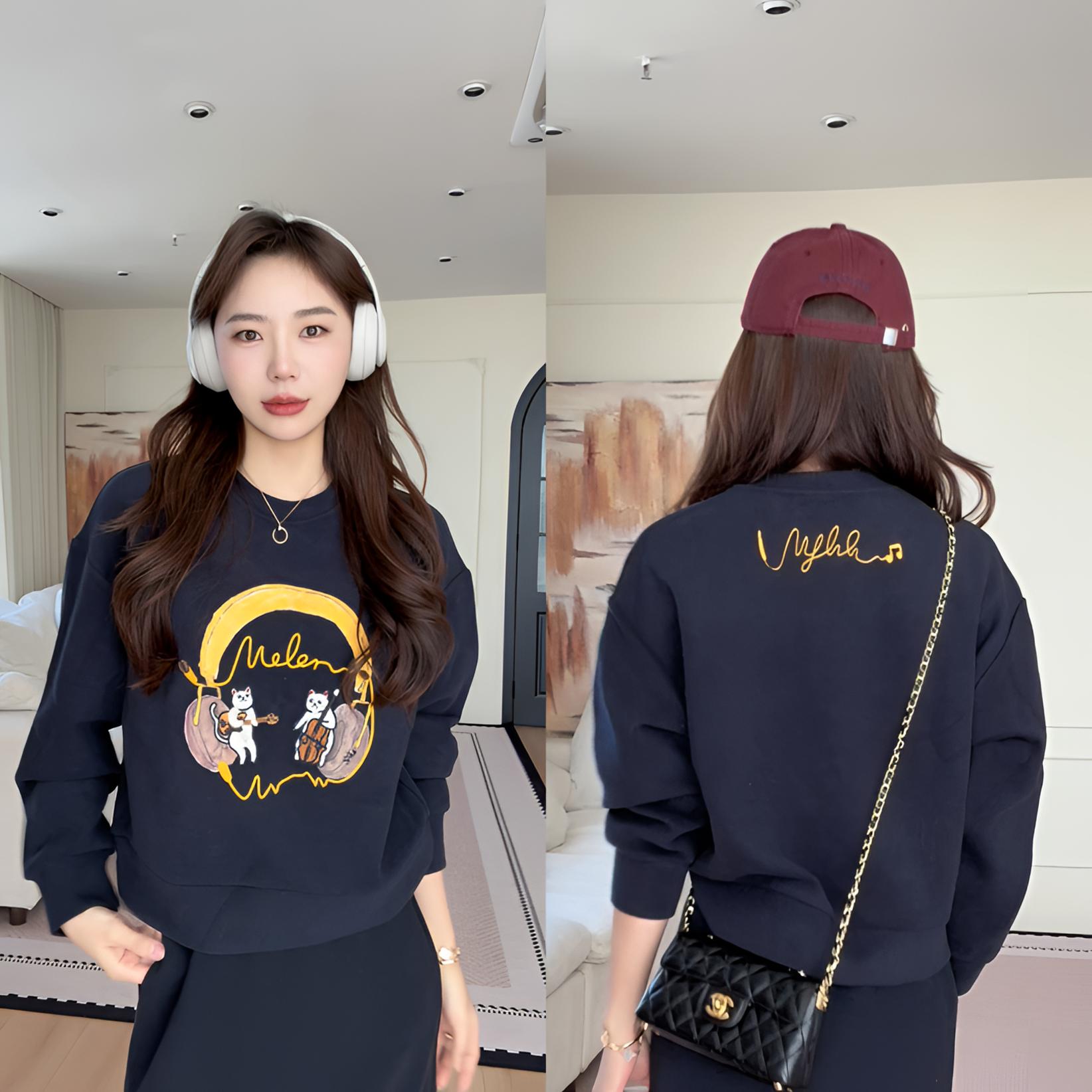 【余欢欢】秋季休闲百搭刺绣吉他小猫印花卫衣-YHW50913