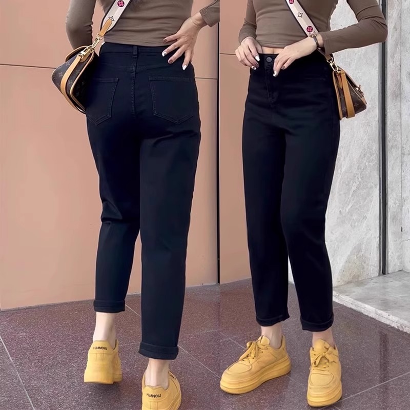 黑色高腰弹力哈伦牛仔裤女秋季大码胖mm宽松显瘦九分老爹萝卜裤子