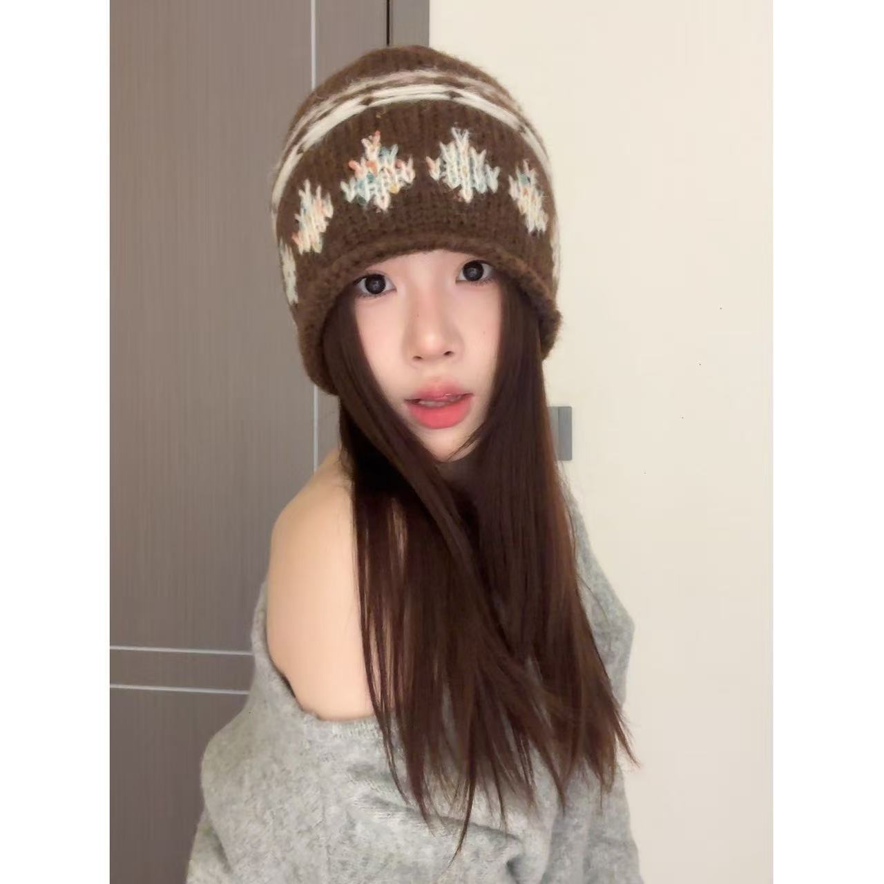 包头针织帽2025秋冬季新款极简风拼色百搭无檐秋冬帽子女士堆堆帽