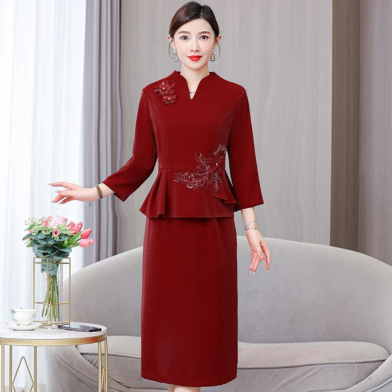 喜婆婆高端喜庆婚宴装女春秋2025冬新款妈妈红色结婚礼服两件套装
