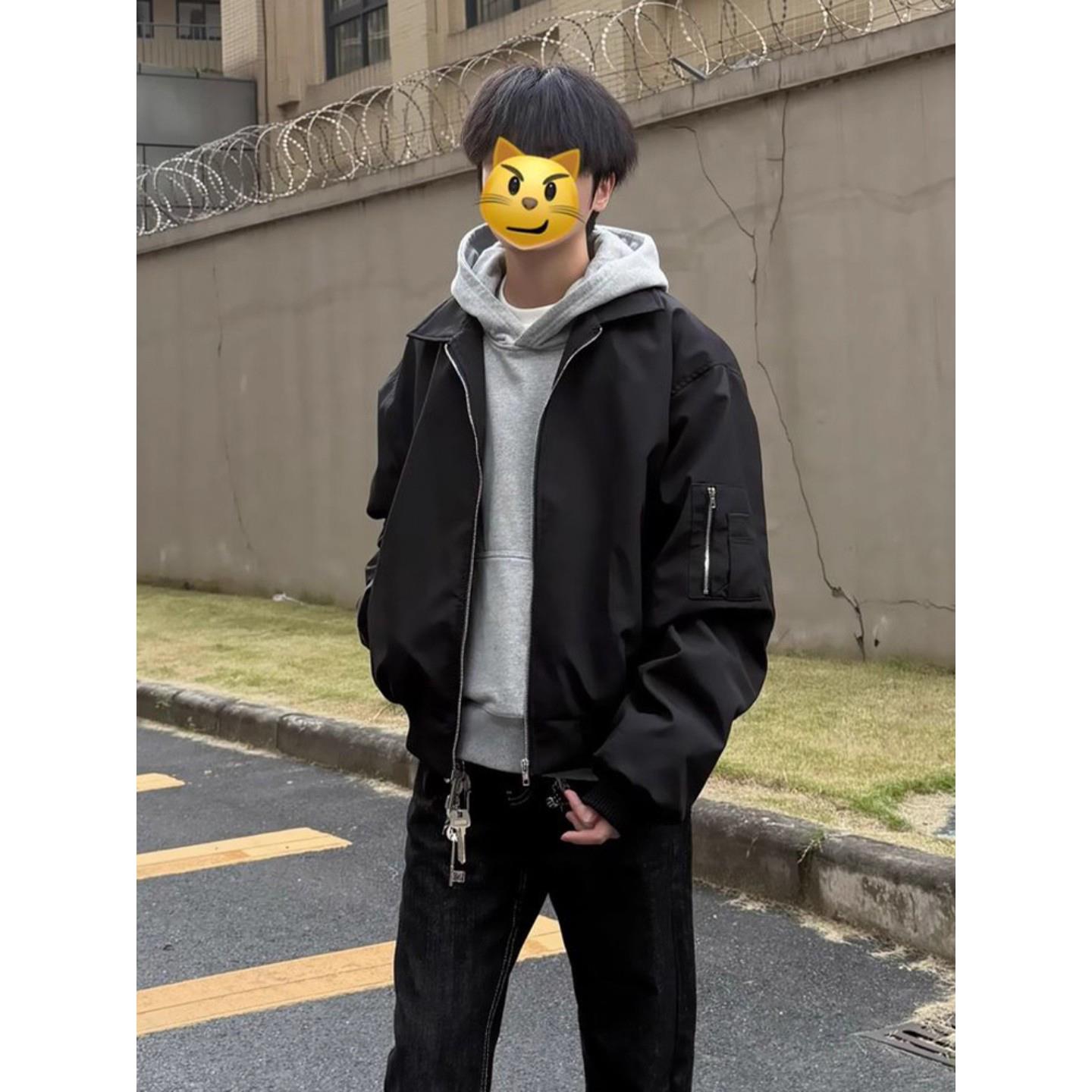 黑色ma1美式飞行夹克男秋季cleanfit短款廓形外套痞帅翻领棒球服