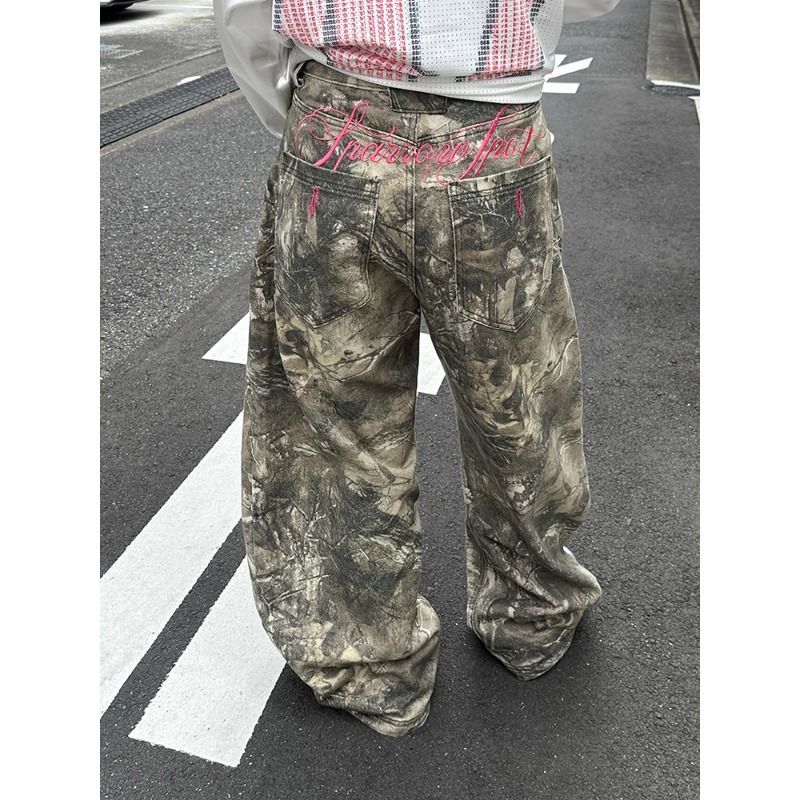 美式水洗字母刺绣树枝迷彩休闲牛仔裤男女宽松百搭阔腿裤高街长裤
