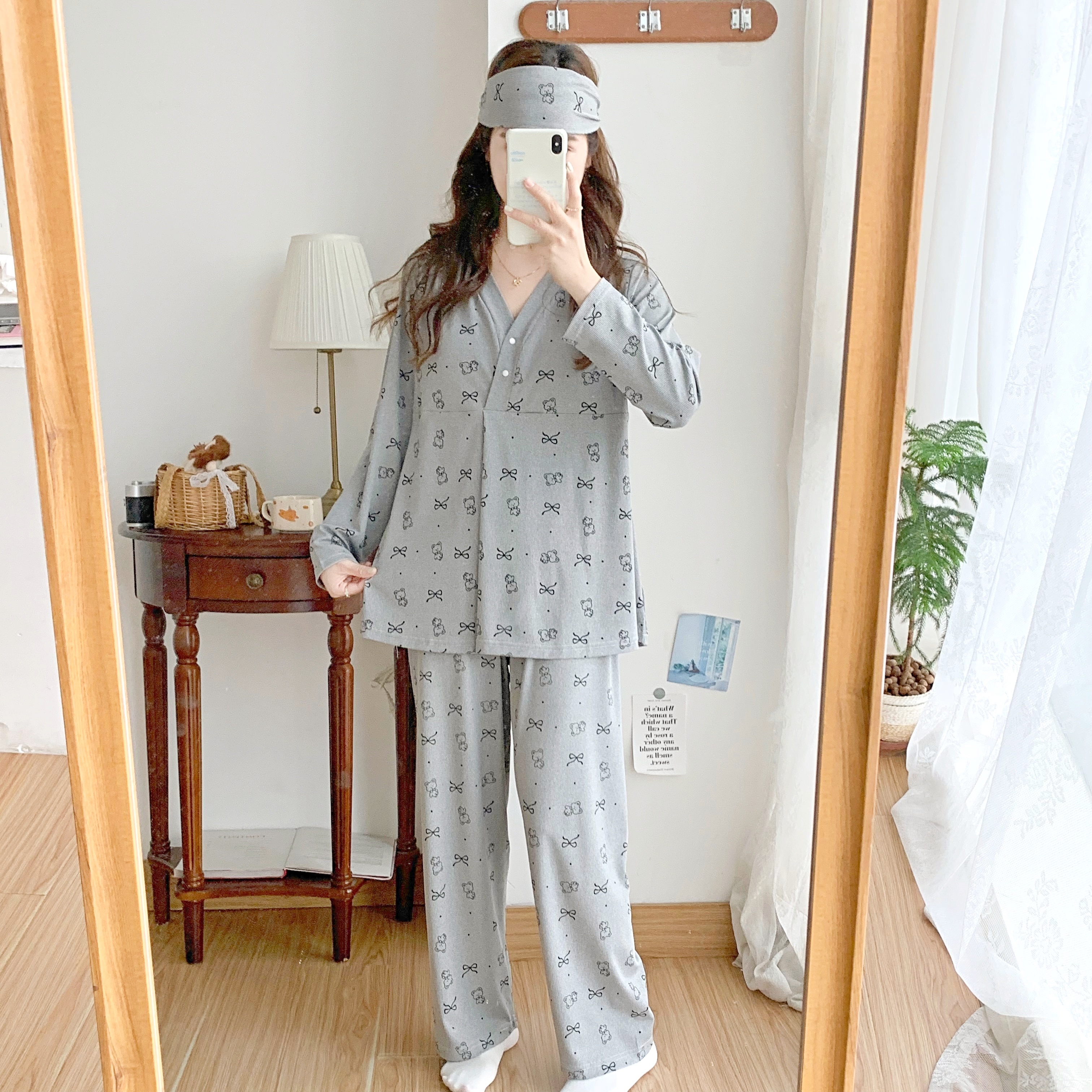 灰色莫代尔带胸垫月子服春夏薄款孕妇哺乳透气睡衣喂奶产后