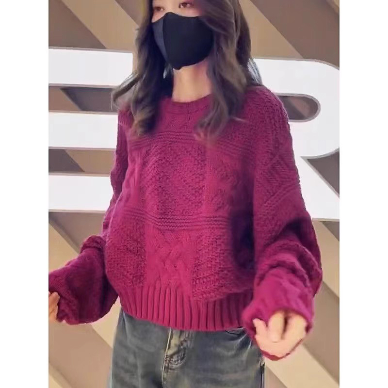 韩系秋冬装慵懒毛衣女2025新款玫红色圆领百搭套头外穿针织衫上衣