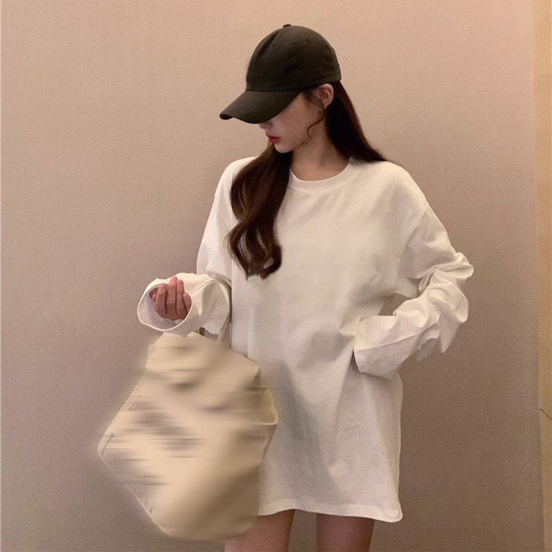 2025年纯棉简约长袖t恤女中长款春秋百搭圆领上衣宽松纯色内搭ins