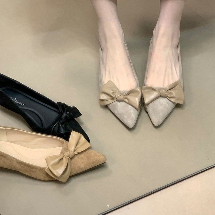网红温柔法式绒面蝴蝶结单鞋女2025秋季新款平底防滑通勤百搭女鞋