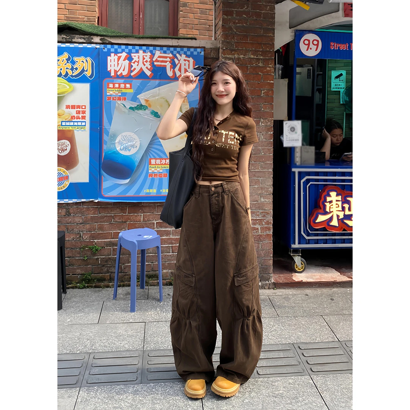 美式复古咖色弯刀工装牛仔裤女秋季新款时髦百搭高腰直筒阔腿长裤