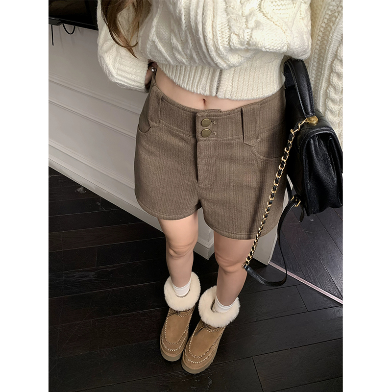 简约咖色毛呢休闲裤女2025秋冬新款高腰显瘦直筒裤小个子a字短裤