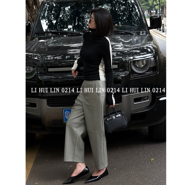 LIHUILIN/【进口蛋白皮】法式慵懒松加绒松弛感九分皮裤