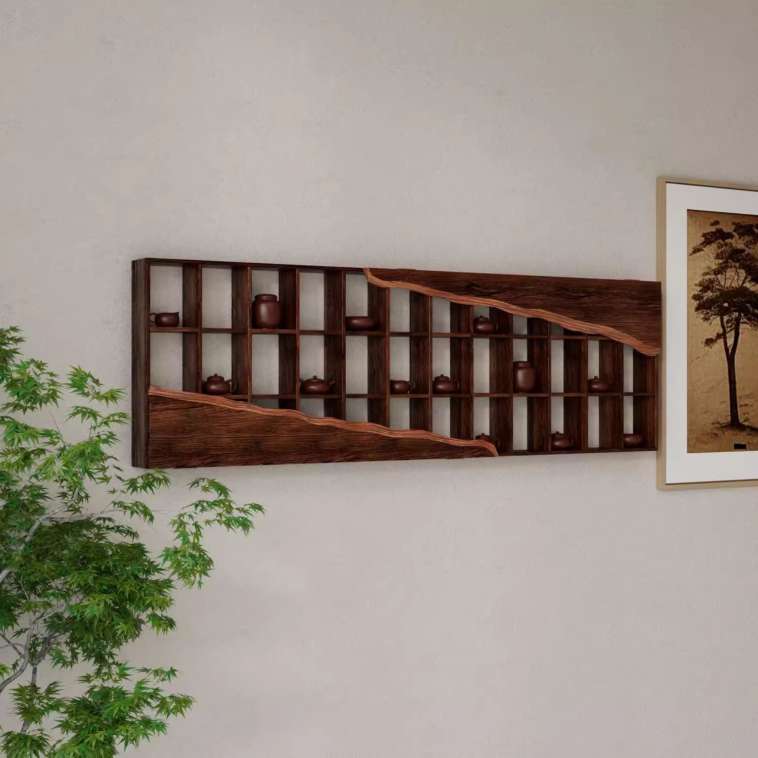 【优质厂家】【环保材质】侘寂风博古架实木茶杯架中式多宝阁壁挂式置