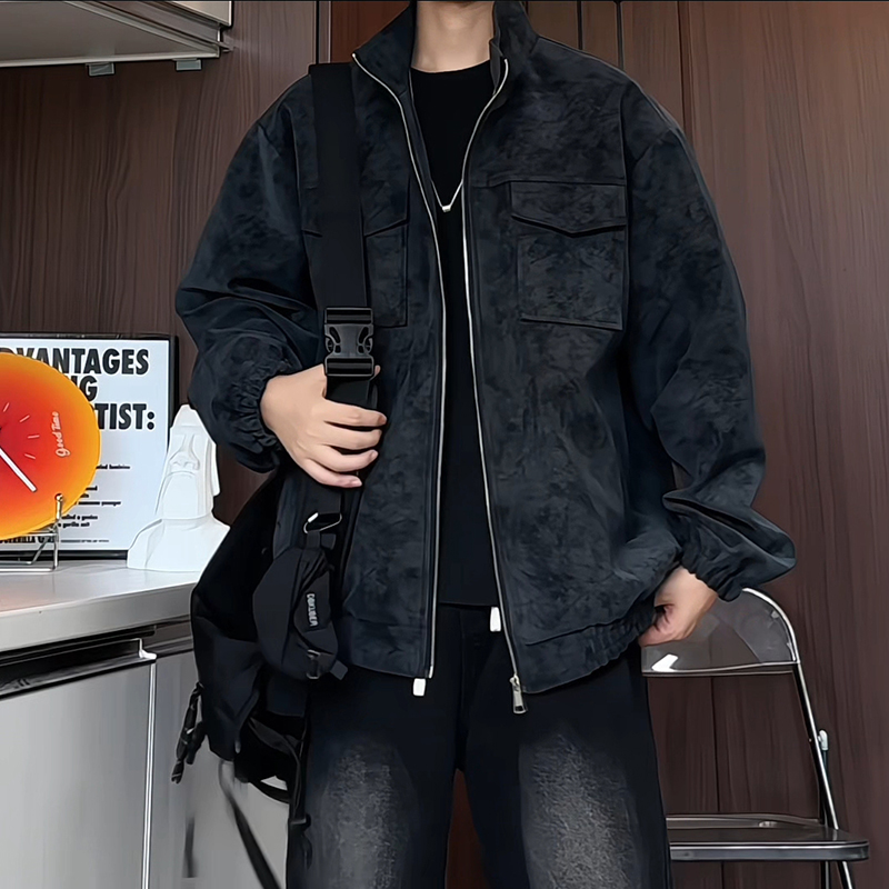 春装新款皮夹克男立领扎染复古痞帅宽松大码潮流工装皮衣外套上衣