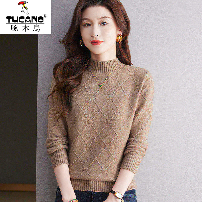 啄木鸟市羊毛衫女半高领2025年秋冬新款毛衣加厚内搭羊绒打底衫