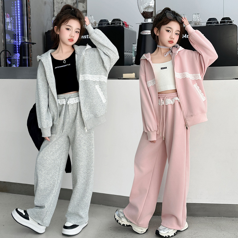 女童春秋款运动套装秋季2025新款儿童韩版时尚连帽外套长裤两件套