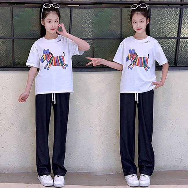 女童夏季短袖套装2025新款中大童韩版T恤学生仿牛仔阔腿裤两件套