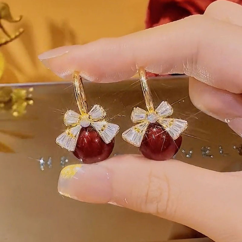 925银耳饰 DY众设计感红色珠珠满钻蝴蝶结锆石耳扣时尚感显气质百