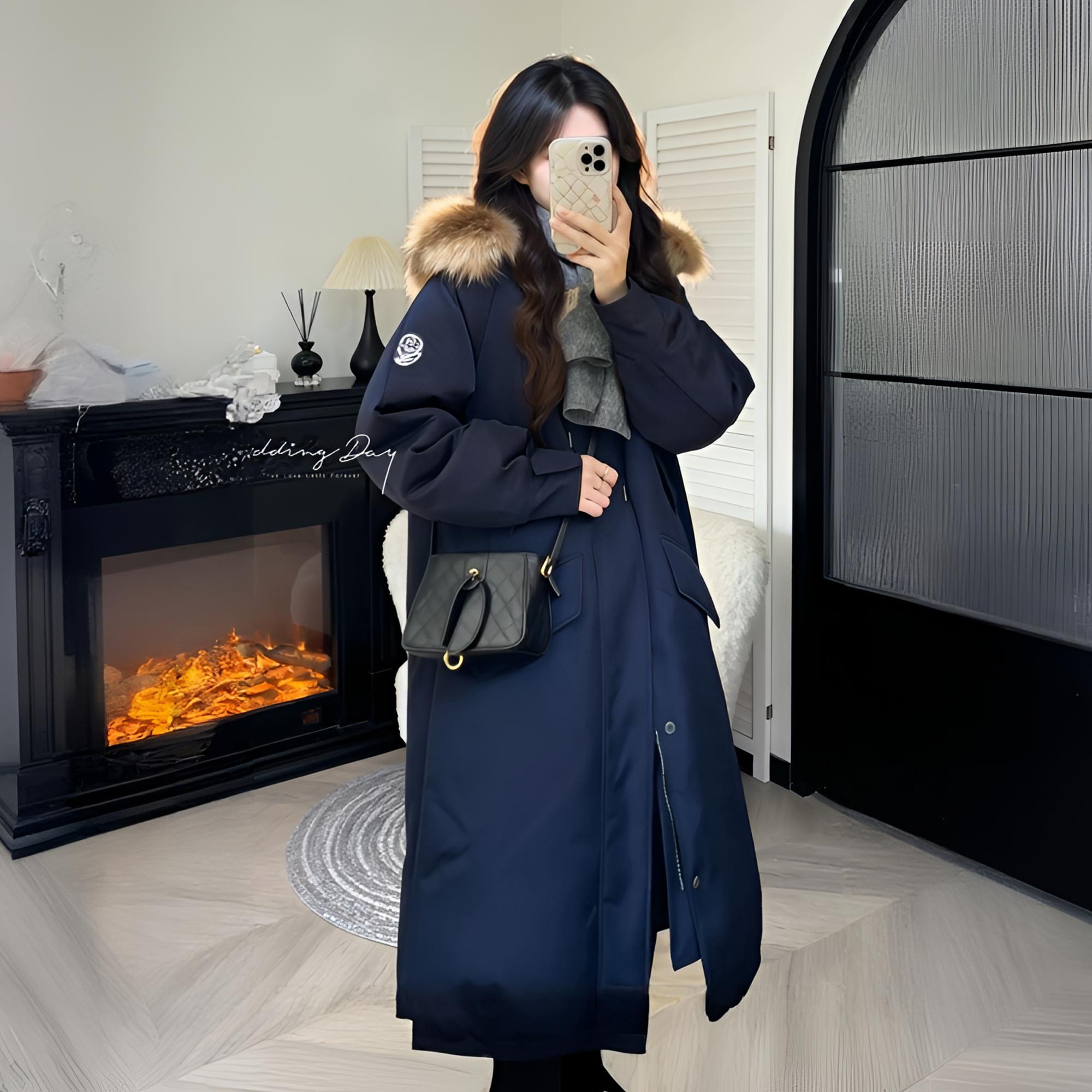 工装连帽加长加厚棉袄2025新款过膝棉服韩宽松大毛领派克服外套女