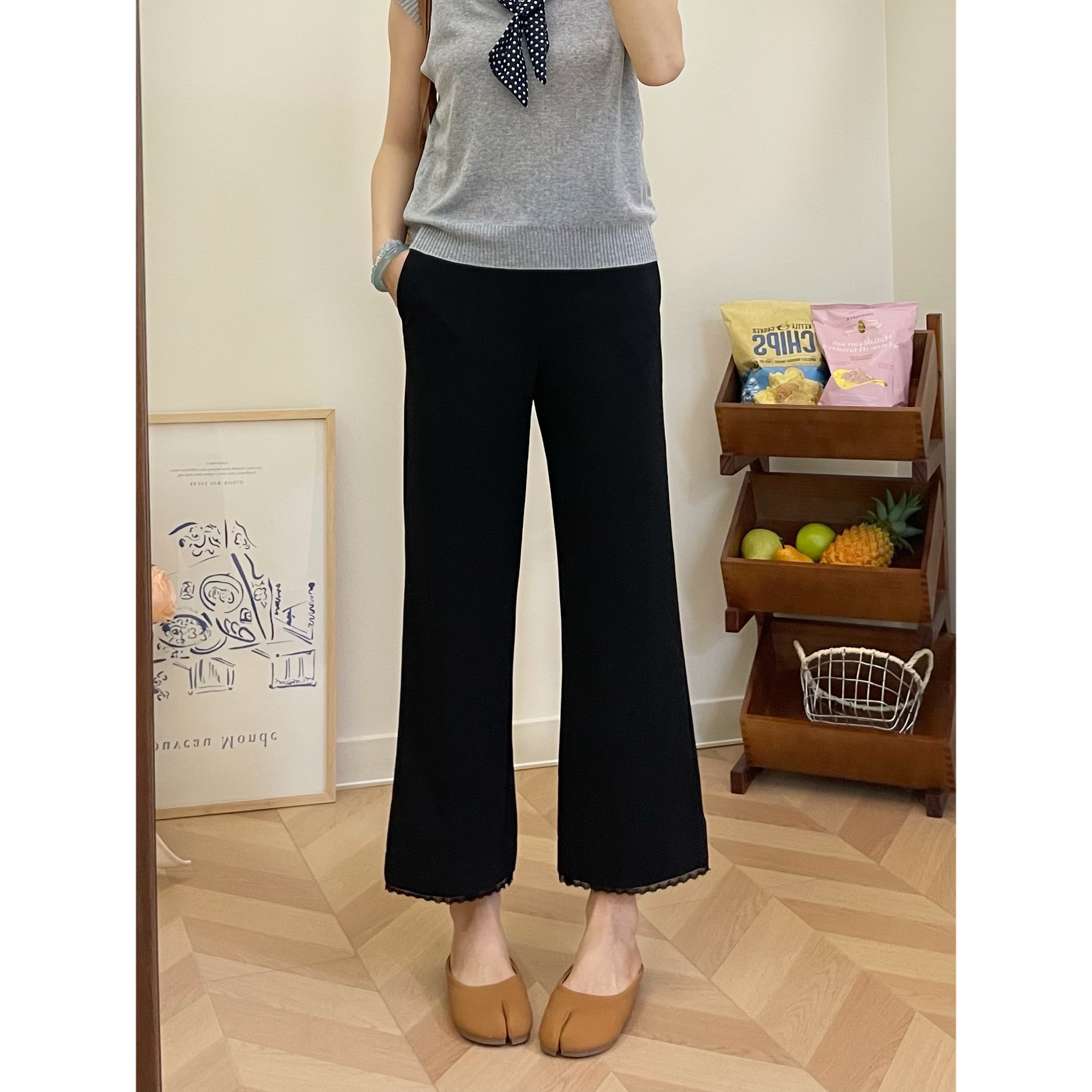 黑色蕾丝边休闲裤女2025夏季薄款大码胖mm高腰显瘦冰感弹力微喇裤