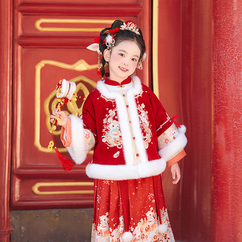 旗铂-新年华上 2025新款拜年服儿童国风汉服新中式红色加厚过年服
