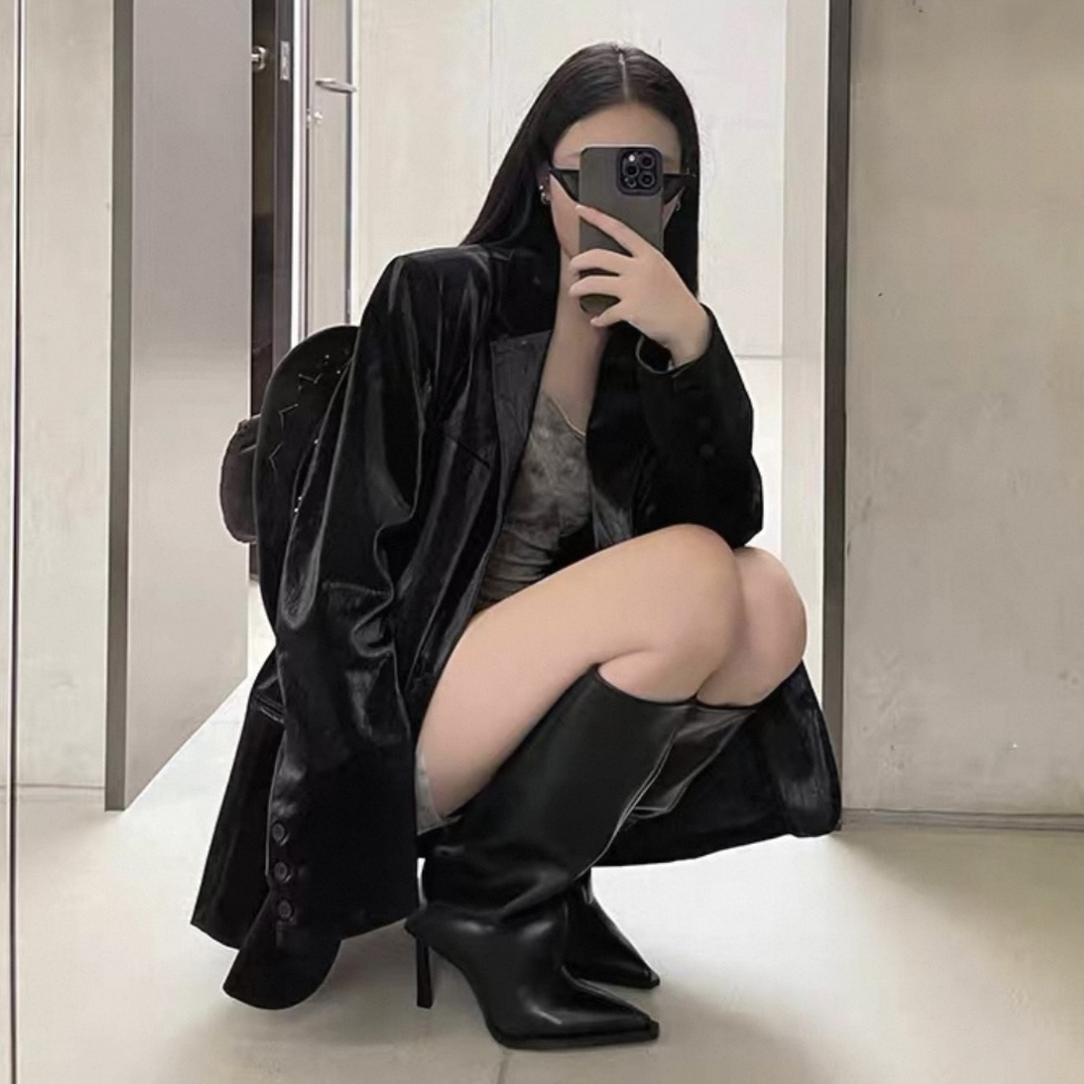 2025骑士靴裤管高级感显瘦尖头辣妹不过膝细跟长靴软皮瘦瘦靴女