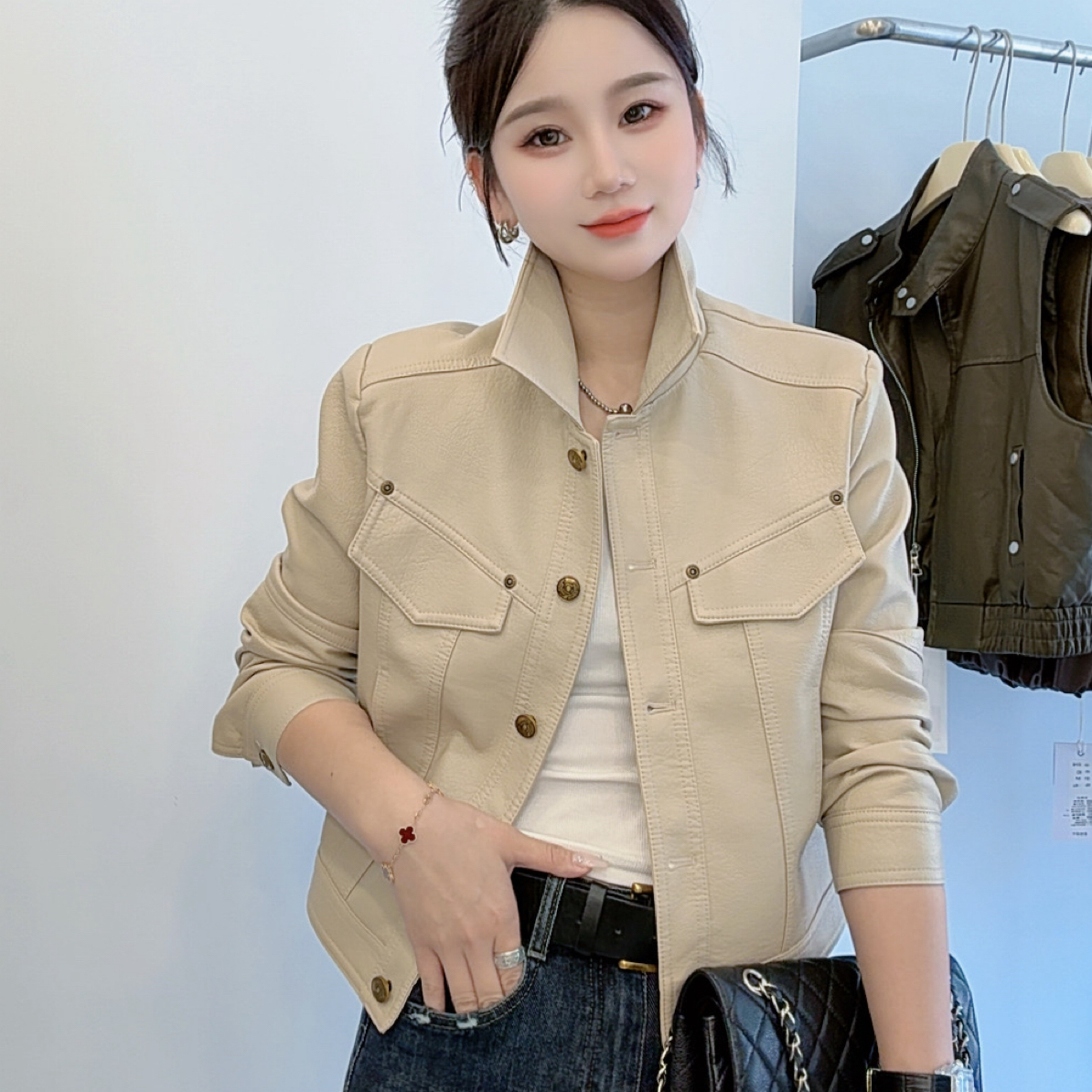 常规秋季宽松型千金风短款皮衣时尚皮夹克显瘦上衣