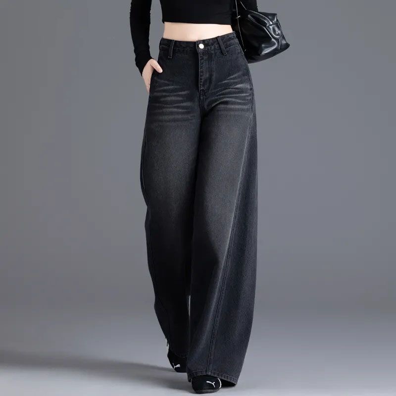 阔腿牛仔裤女2025新款秋冬高腰加绒裤黑色百搭显瘦休闲拖地女裤