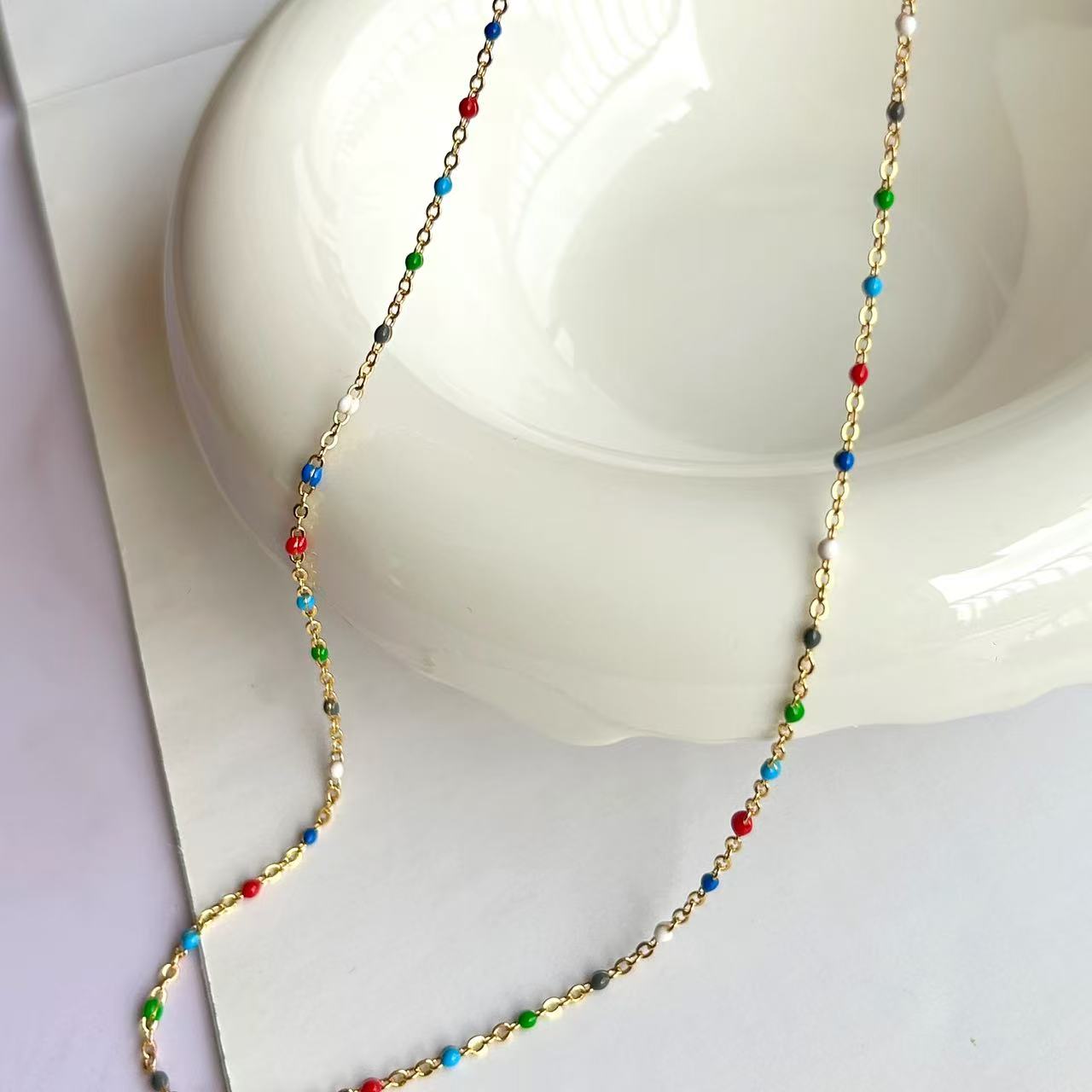 铜合金项链 夏日滴油彩色豆豆多巴胺项链女叠戴锁骨链多小众配饰