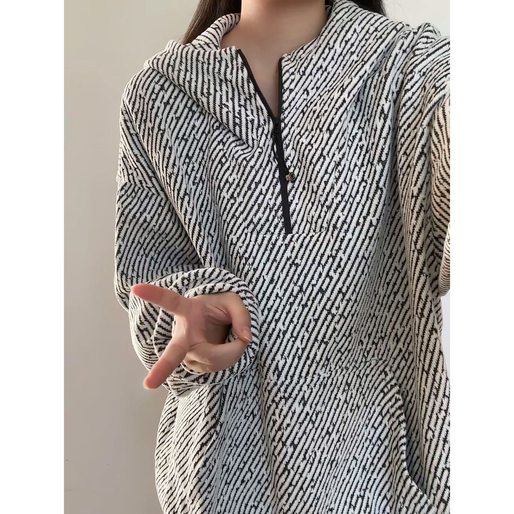 雪尼尔斜条纹半拉链卫衣男女春秋冬季痞帅高级感宽松连帽上衣大码