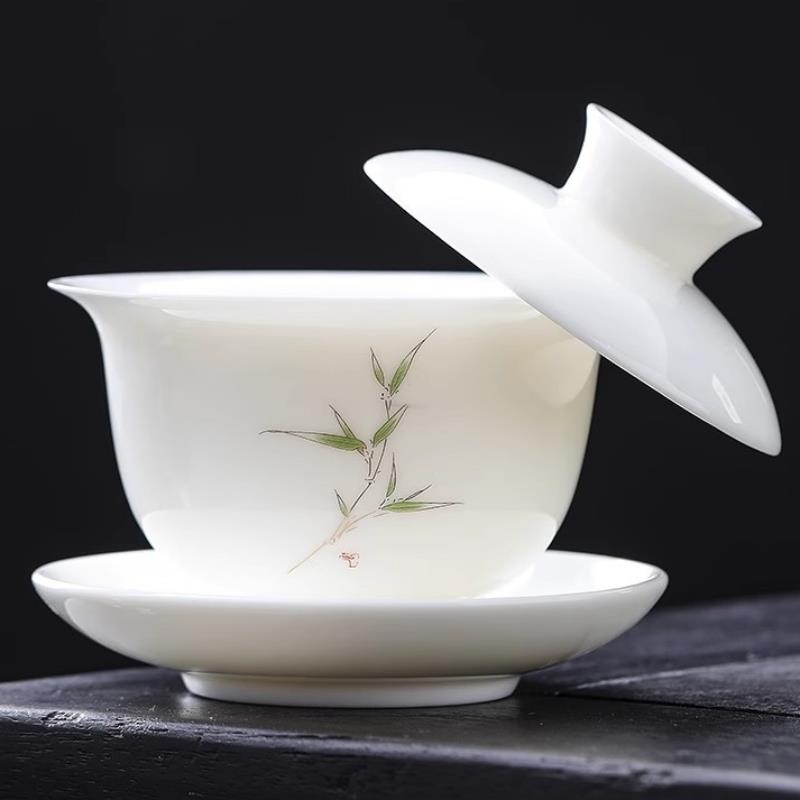 可悬停旋转羊脂玉盖碗茶杯德化白瓷茶碗带盖单个三才大号功夫茶具