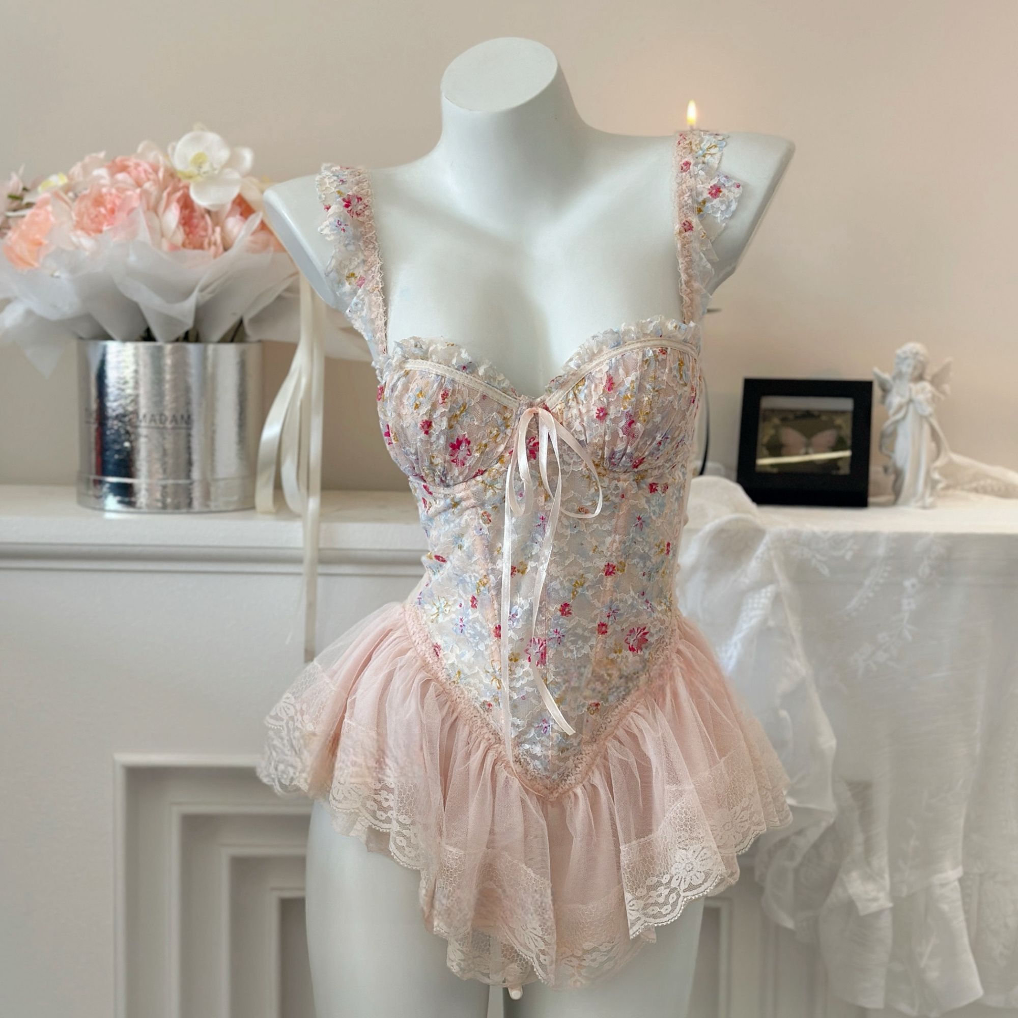 【甜辣芭比】法式纯欲甜美吊带睡裙带胸垫鱼骨收腰显瘦聚拢性感睡衣