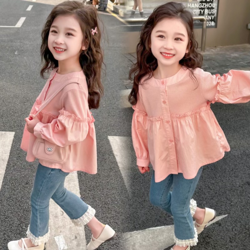 女童秋装时尚洋气长袖衬衫甜美蝙蝠袖娃娃衫春秋中小童纯色上衣