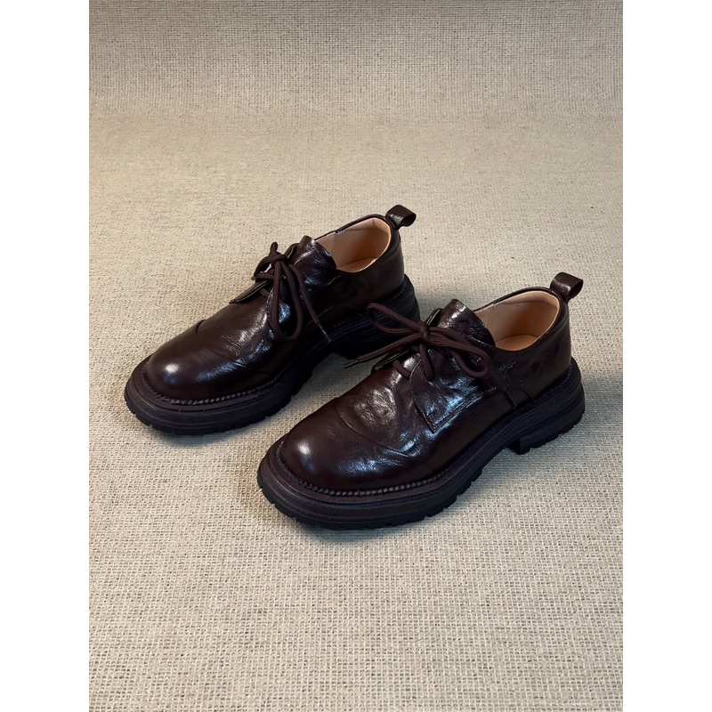 NNMISS·34-39/3cm简约百搭圆头厚底小皮鞋复古深口系带通勤乐福鞋