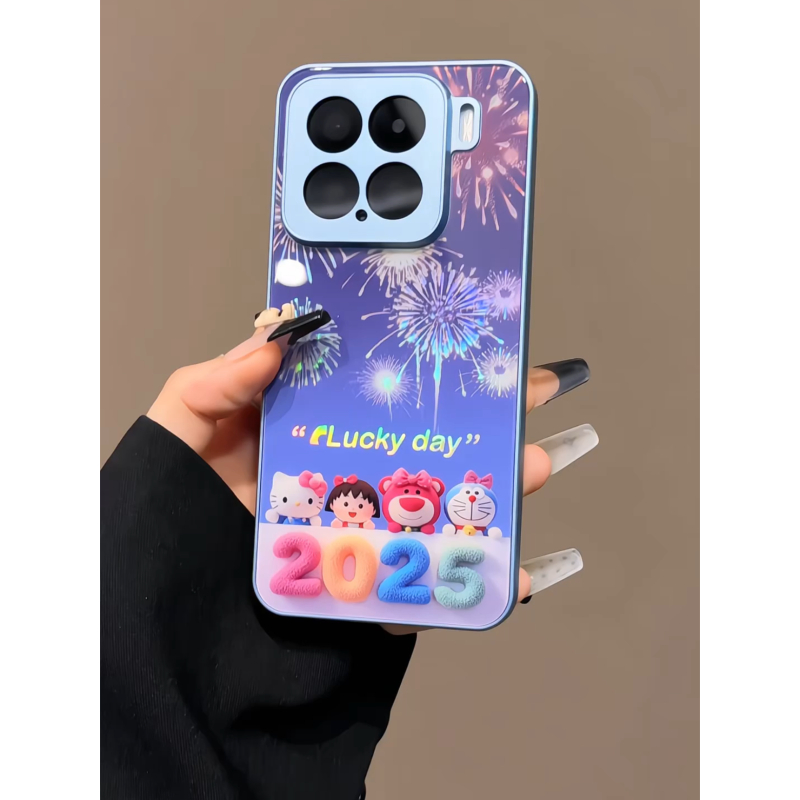 适用苹果15金属烫金玻璃壳iPhone16pro手机壳华为p70烟花玩偶2025