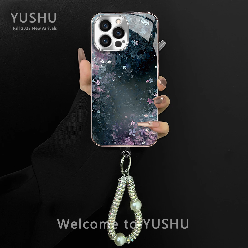 蓝紫晕染樱花手机壳适用于苹果/华为/vivo/oppo/小米电镀玻璃网红