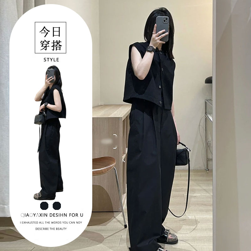 时尚套装韩版无袖马甲衬衫上衣开春穿搭女士春夏季高腰裤子两件套
