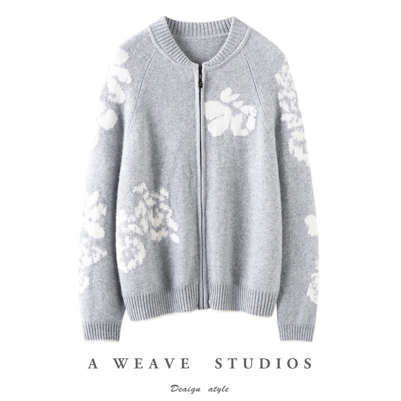 100%纯羊毛嵌花插肩空气层棒球服外套针织立领开衫