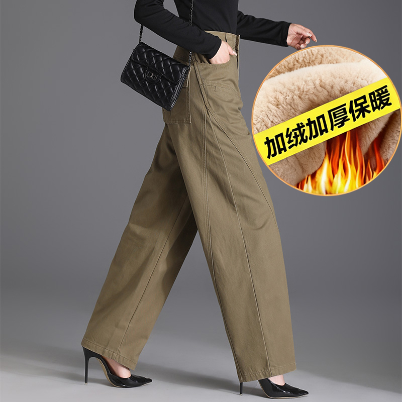 秋冬新款加绒加厚休闲裤子高腰宽松时尚显瘦大码卡其色气质镰刀裤