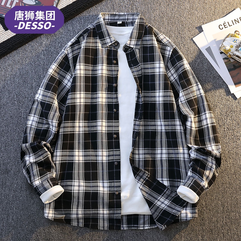 唐狮集团DESSO港风复古格子长袖衬衫男宽松休闲痞帅百搭春季外套