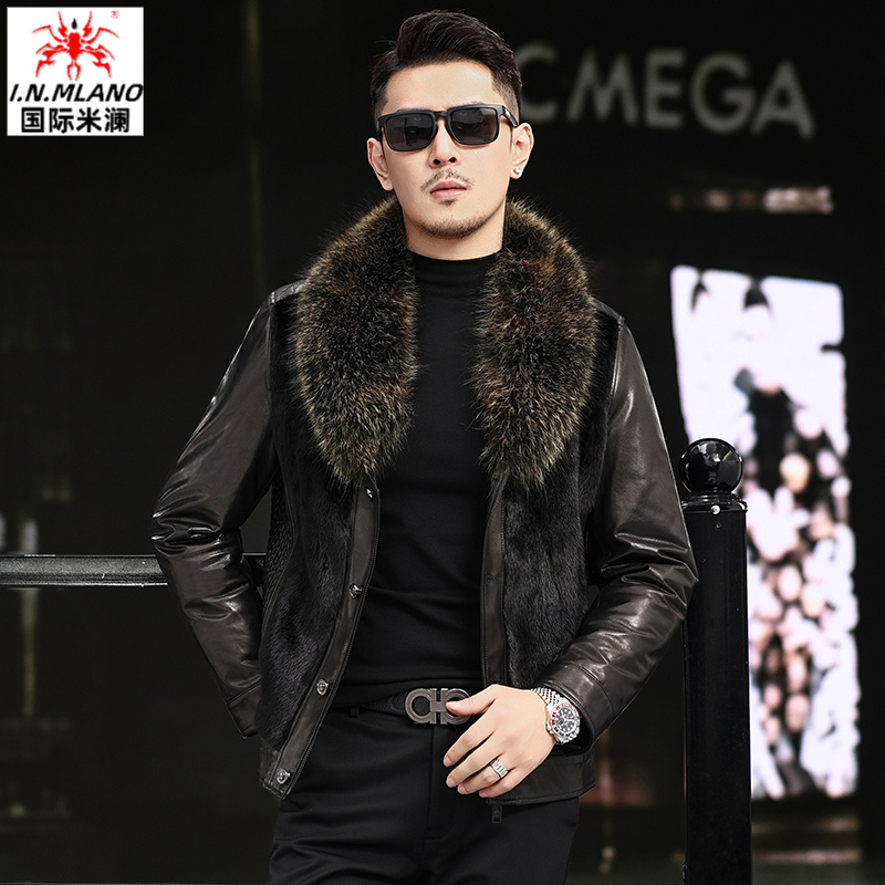 轻奢高品质水貂山羊皮男士真皮皮衣高端皮毛一体大毛领皮夹克外套