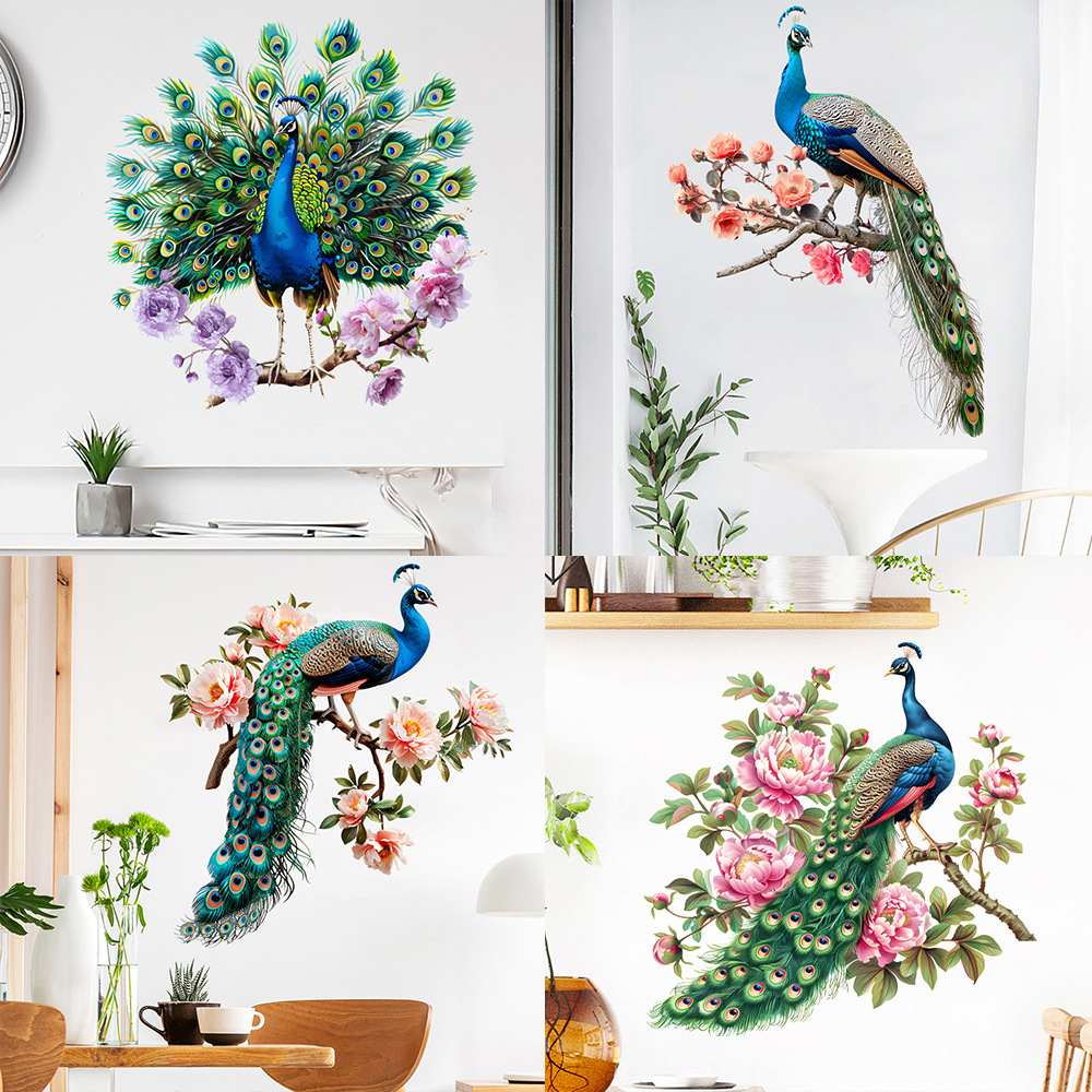 厂家昆尚品新款牡丹花树枝孔雀自粘防水墙贴画客厅卧室走廊装饰画