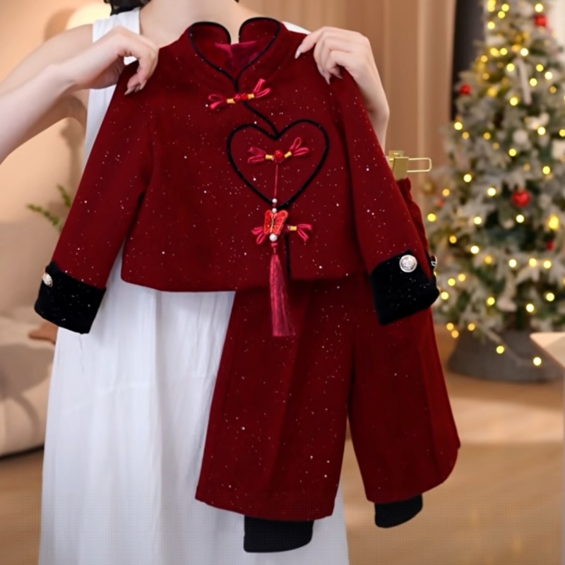 女童2025套装儿童秋冬季加绒加厚红色新年礼服洋气外套背心两件套