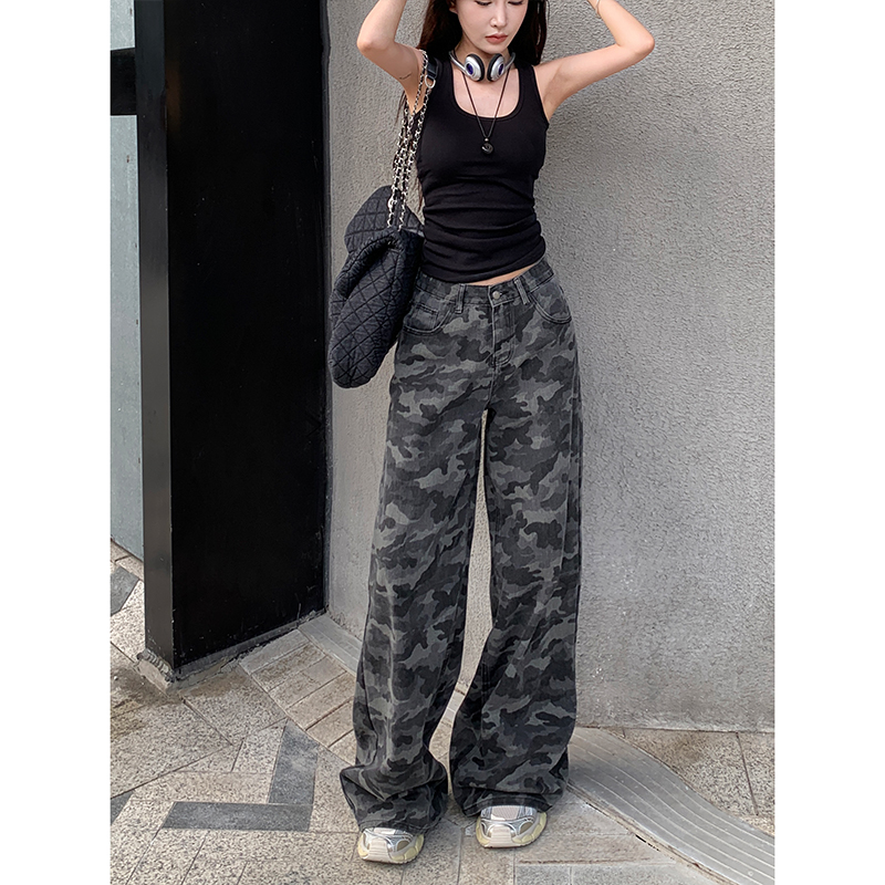 美式街头迷彩阔腿裤女2025年秋季新款休闲高腰宽松潮酷牛仔长裤