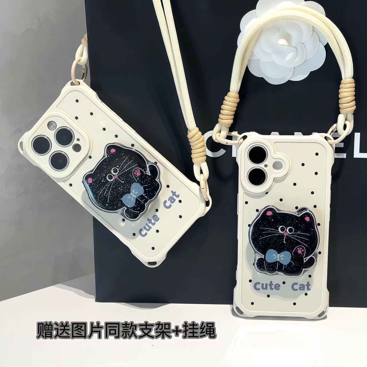 可爱大脸黑猫支架挂绳适用iPhone苹果16手机壳华为vivo小米15oppo
