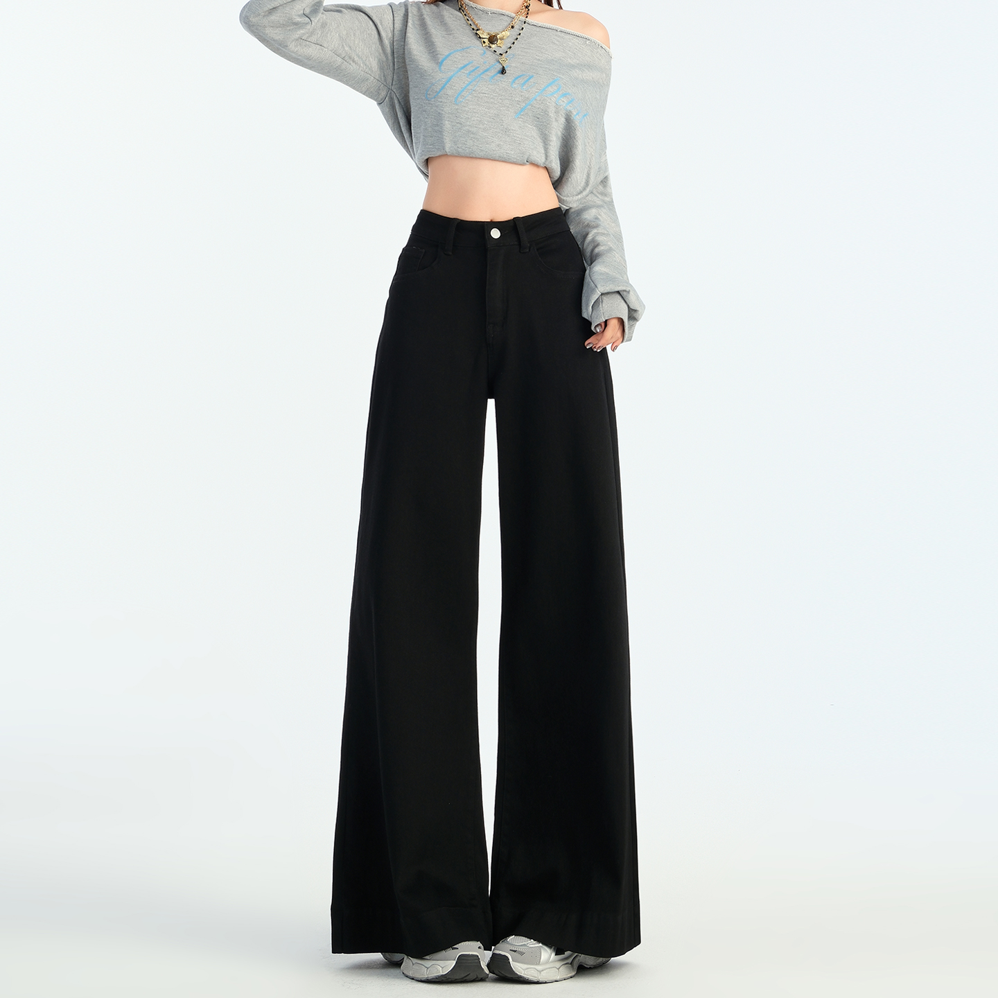 黑色阔腿牛仔裤女2025秋冬新款高腰宽松显瘦垂感微喇拖地长裤