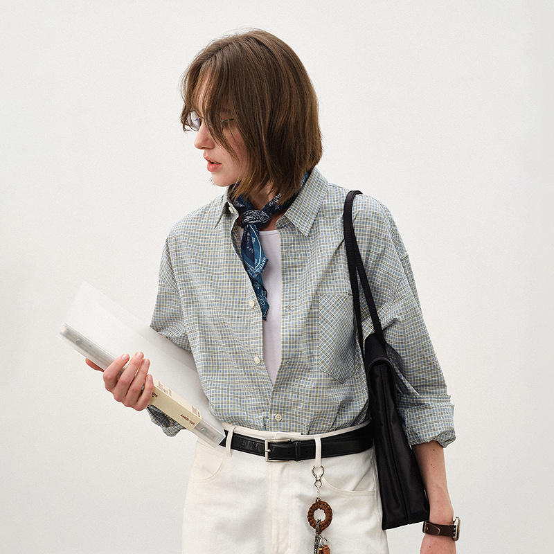 714street纯棉长袖miu系格子衬衫男2025秋季新款情侣衬衣521213